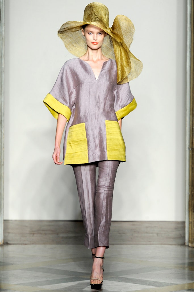 gray silk top with yellow accents