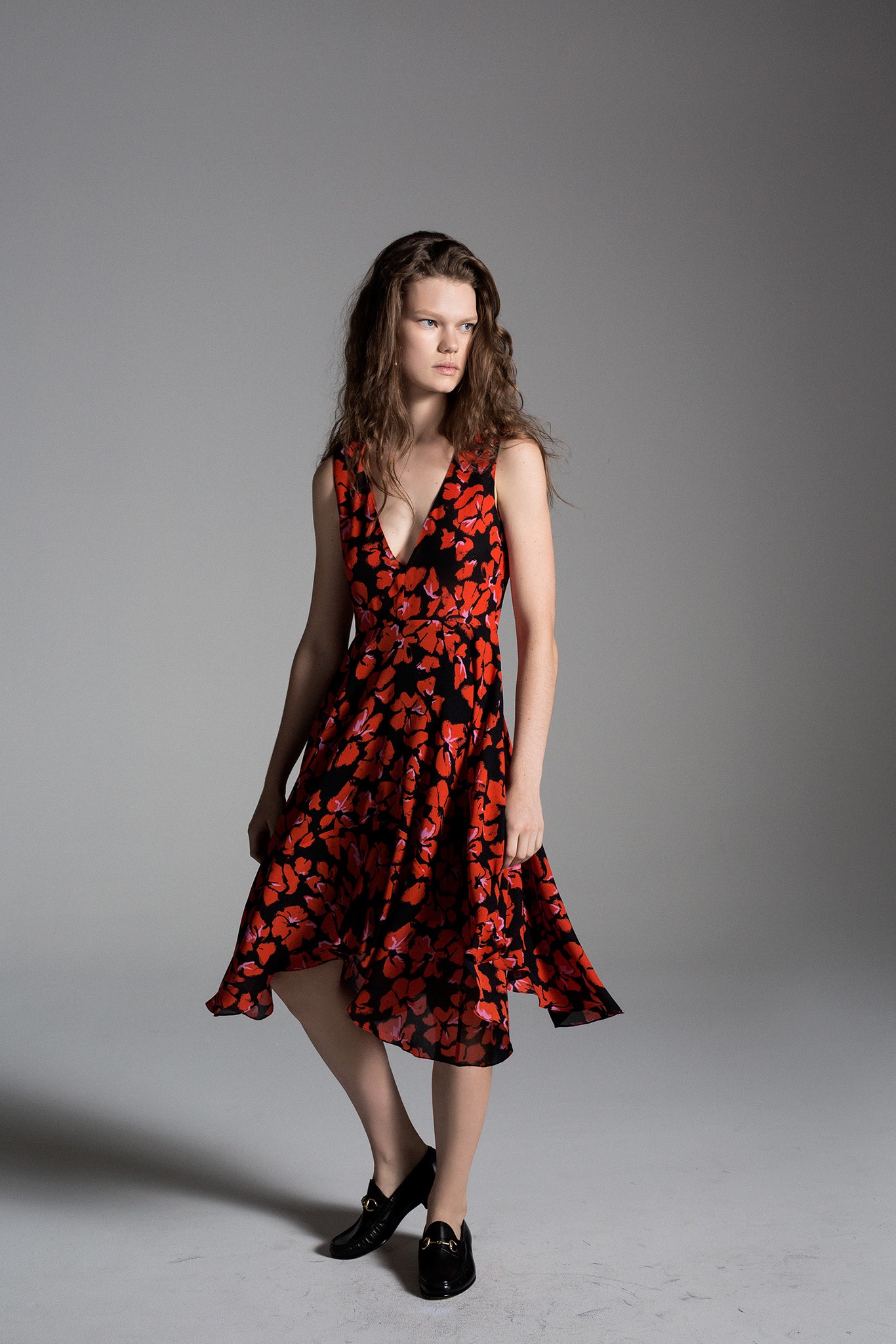 red floral midi dress