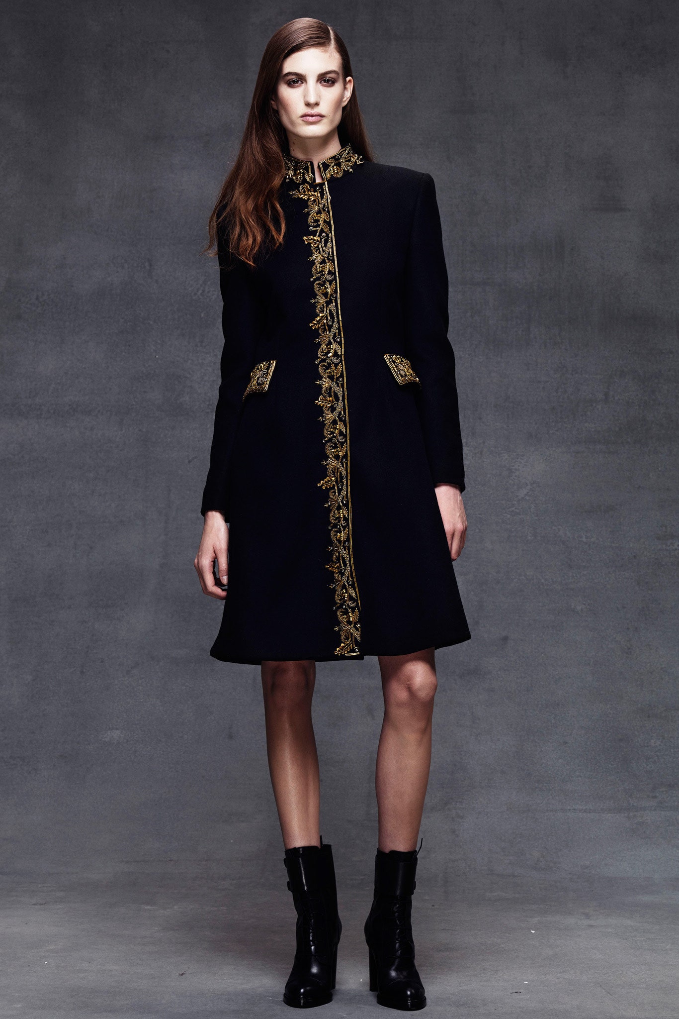 black wool long-sleeve collared fitted embroidered buttoned coat