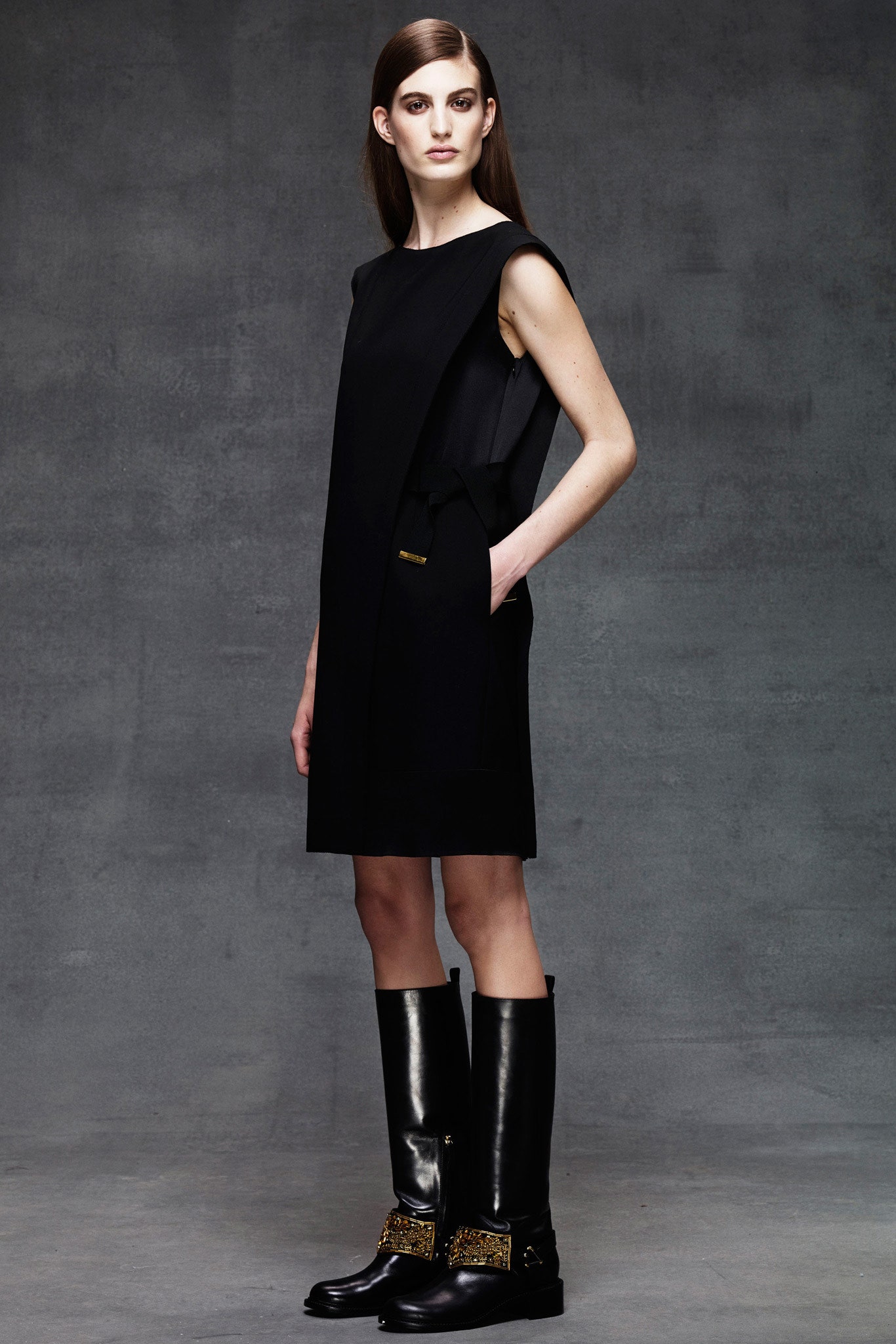 black cotton sleeveless high-neck fitted straight-leg pockets dress