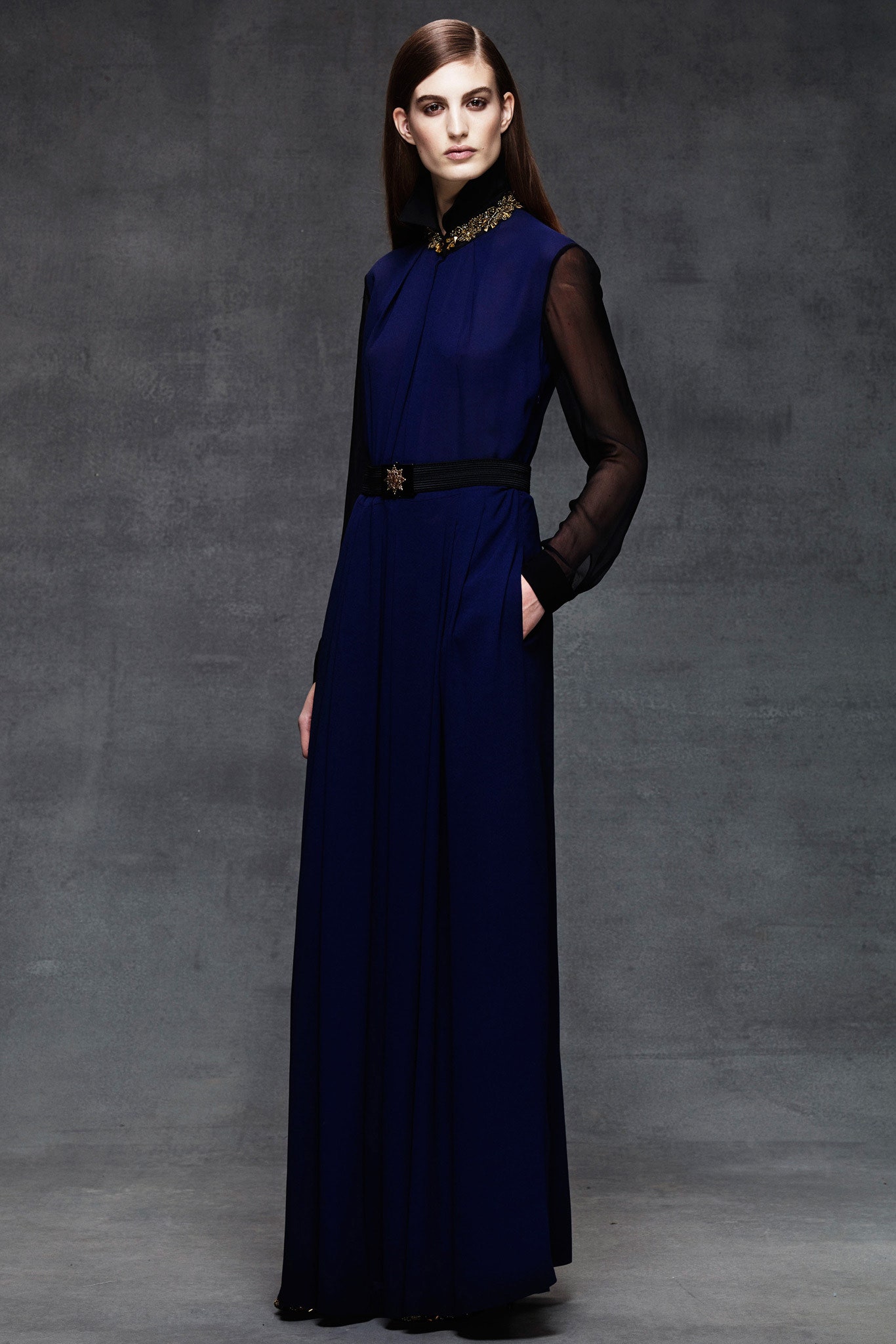 blue silk long-sleeve gown