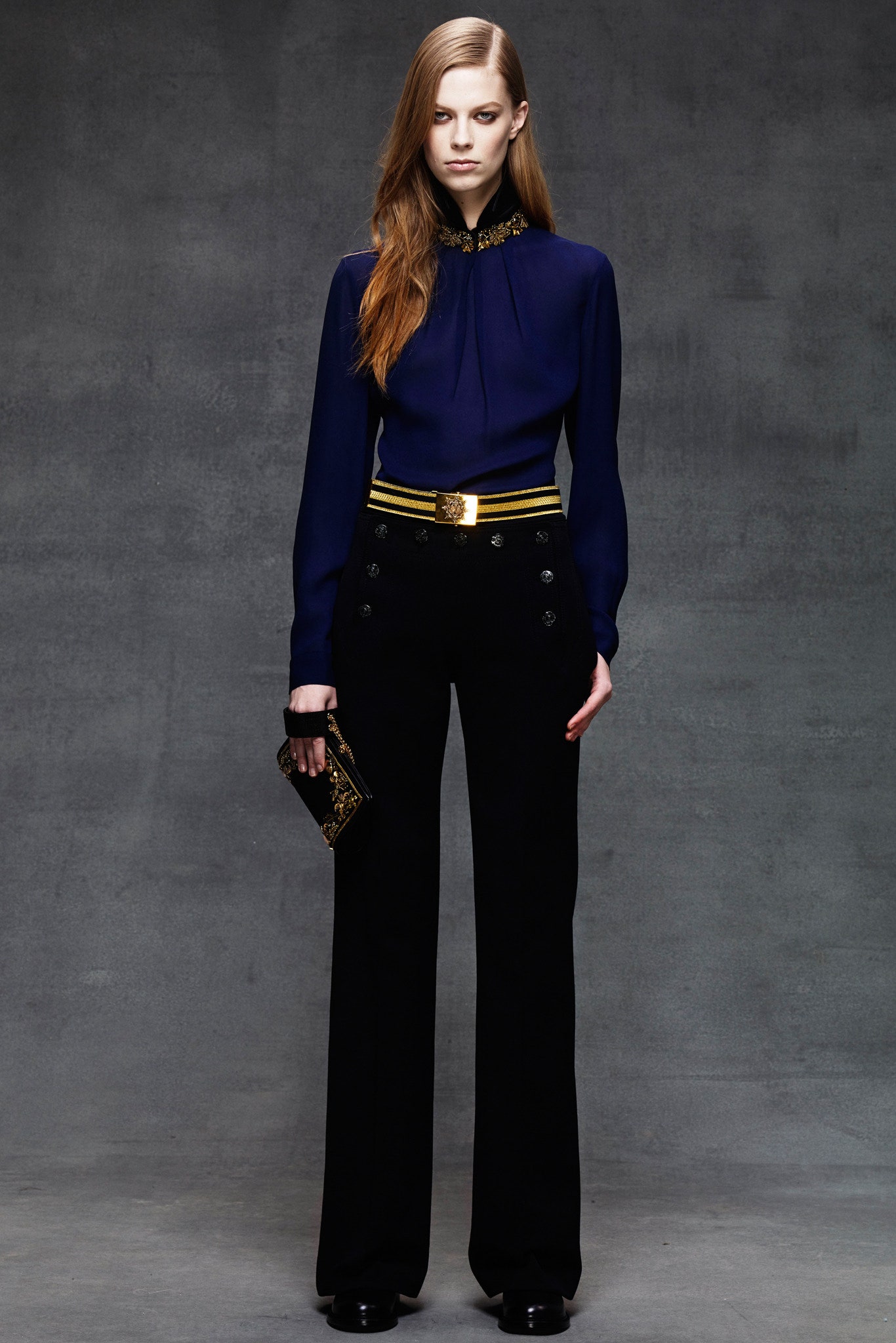 blue silk long-sleeve high-neck fitted pleated blouse
