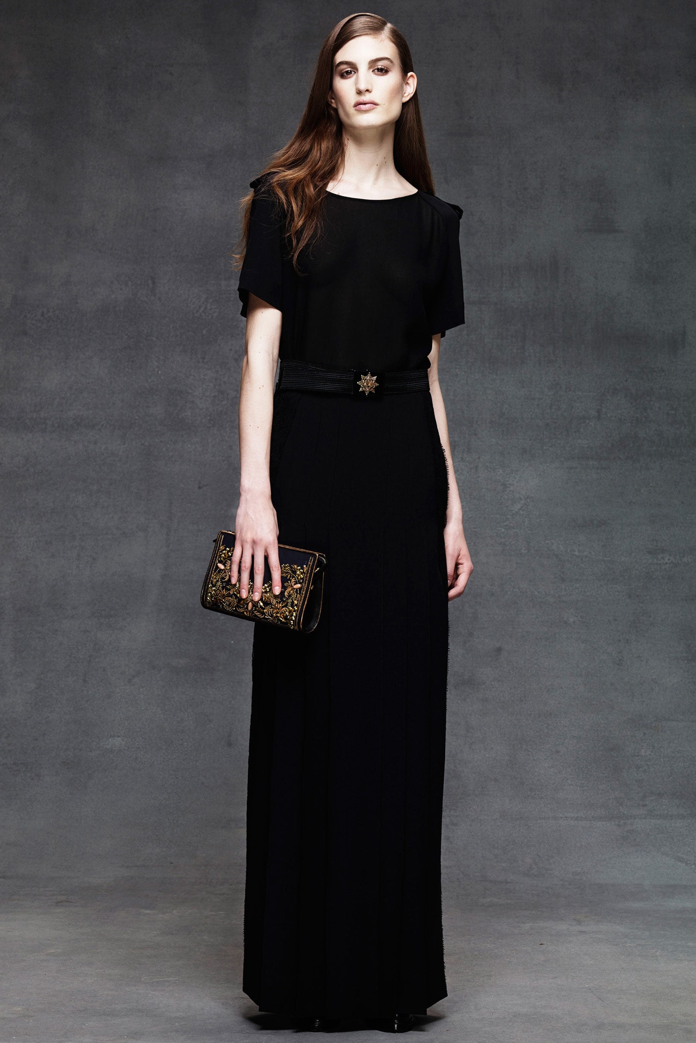 black silk short-sleeve high-neck fitted pleated maxi gown
