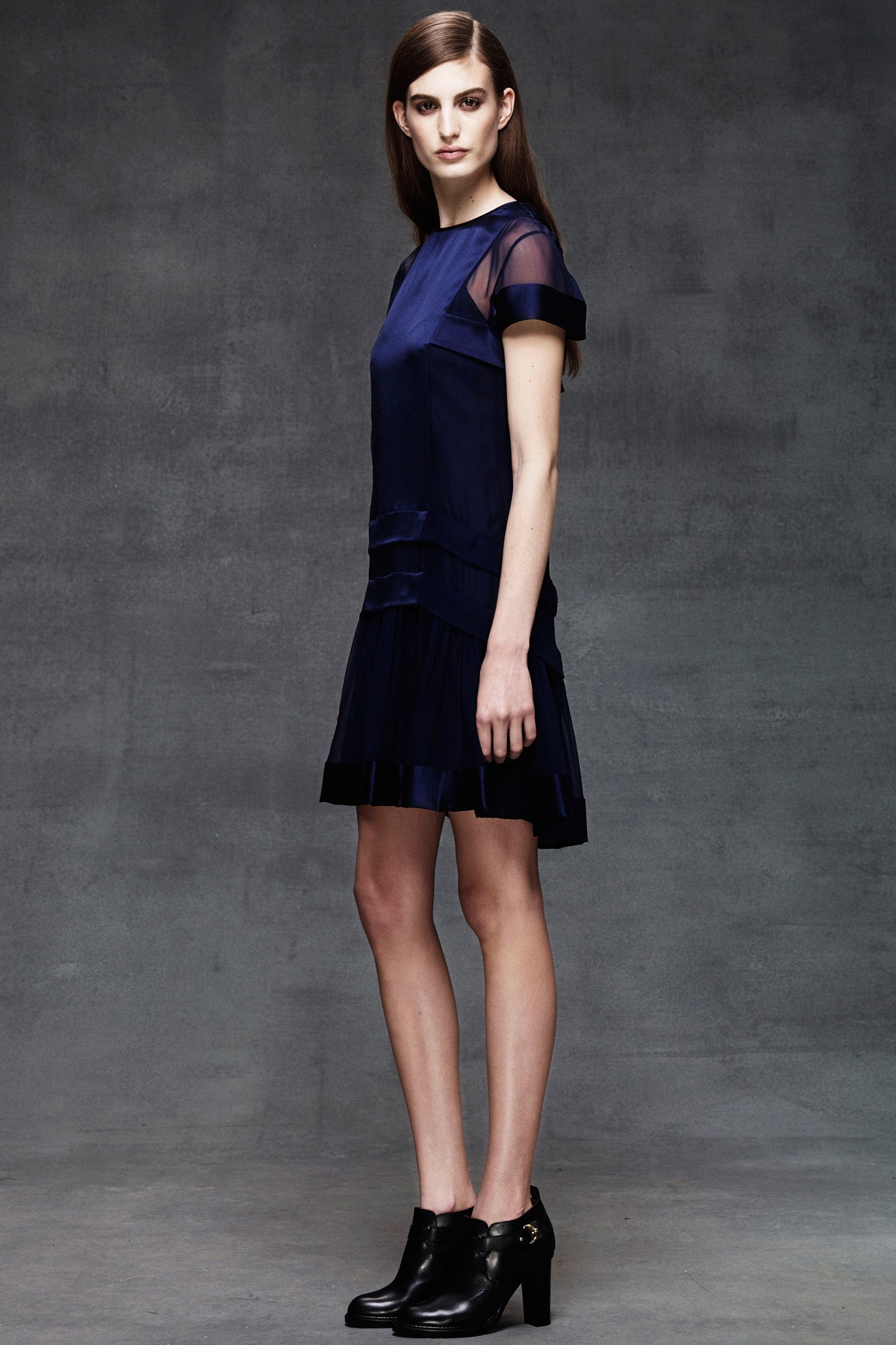 blue silk short-sleeve v-neck fitted pleated tiered dress