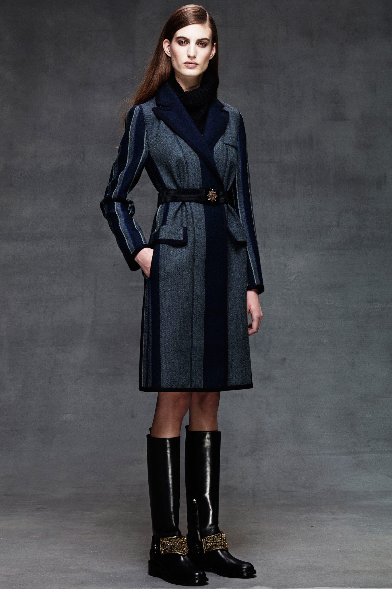 blue wool long-sleeve collared tailored striped belted coat