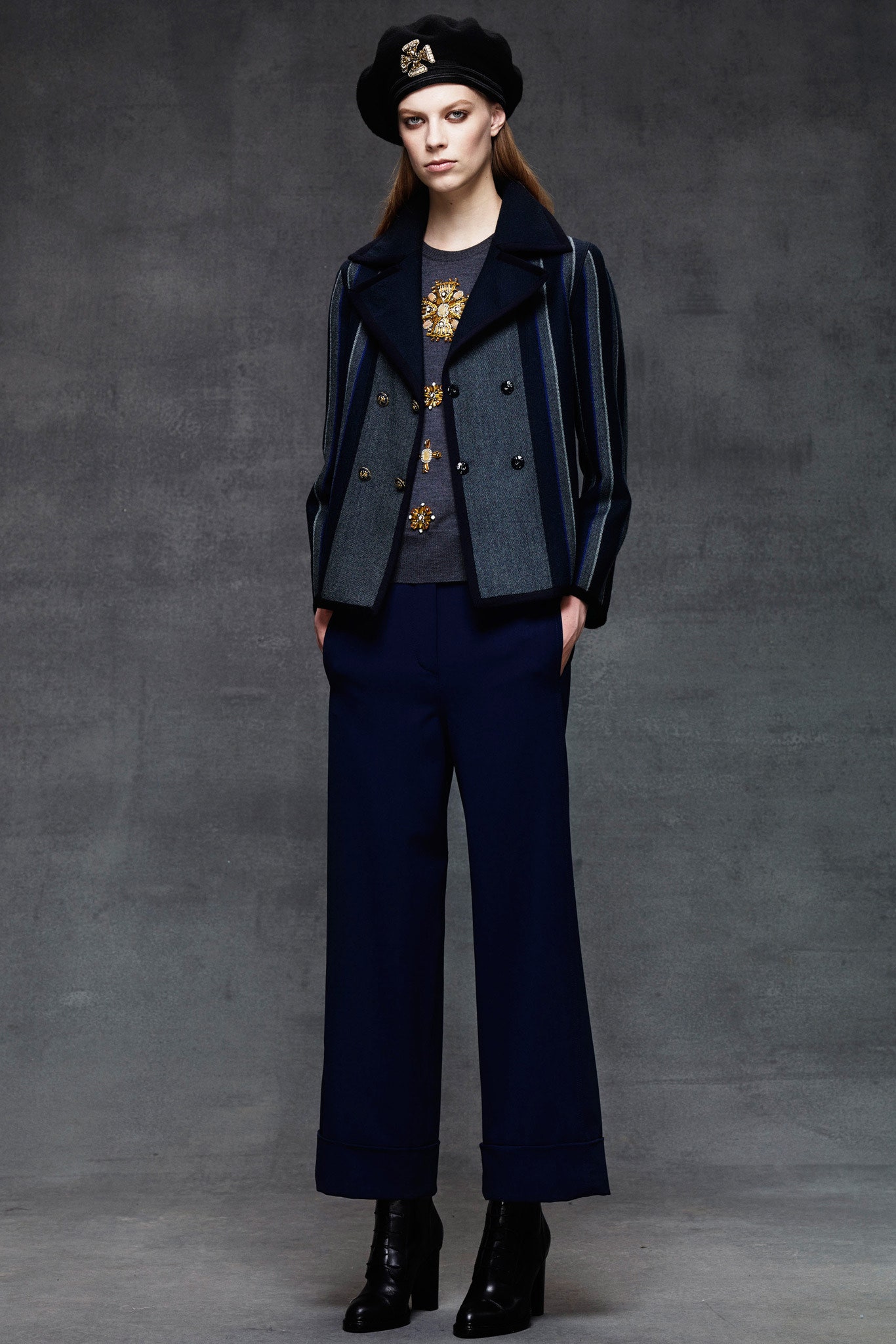 blue wool long-sleeve collared structured striped buttoned jacket