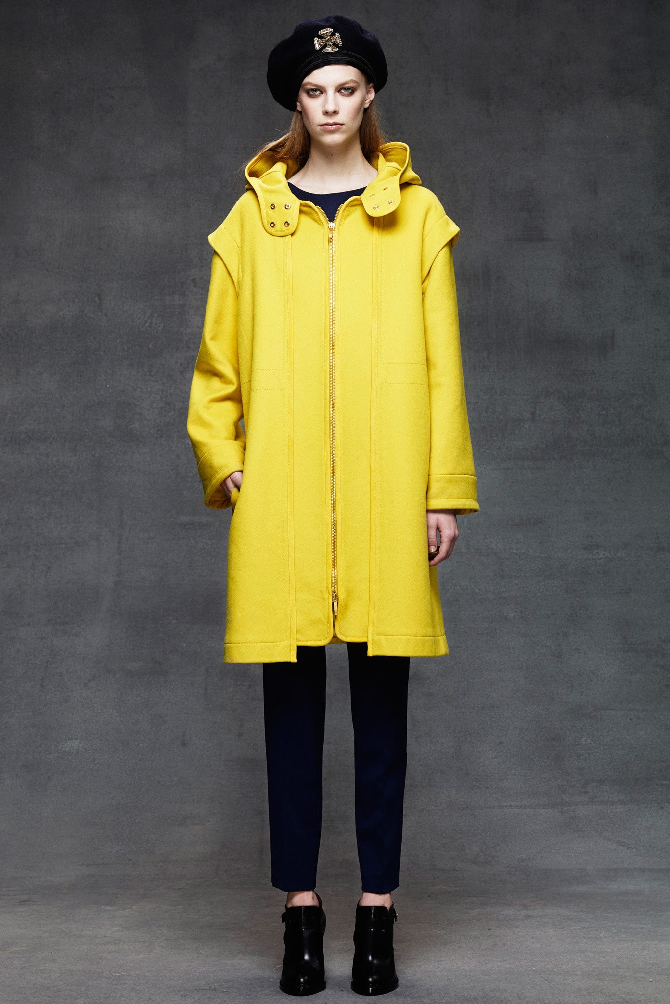 yellow long-sleeve hooded relaxed zippered coat
