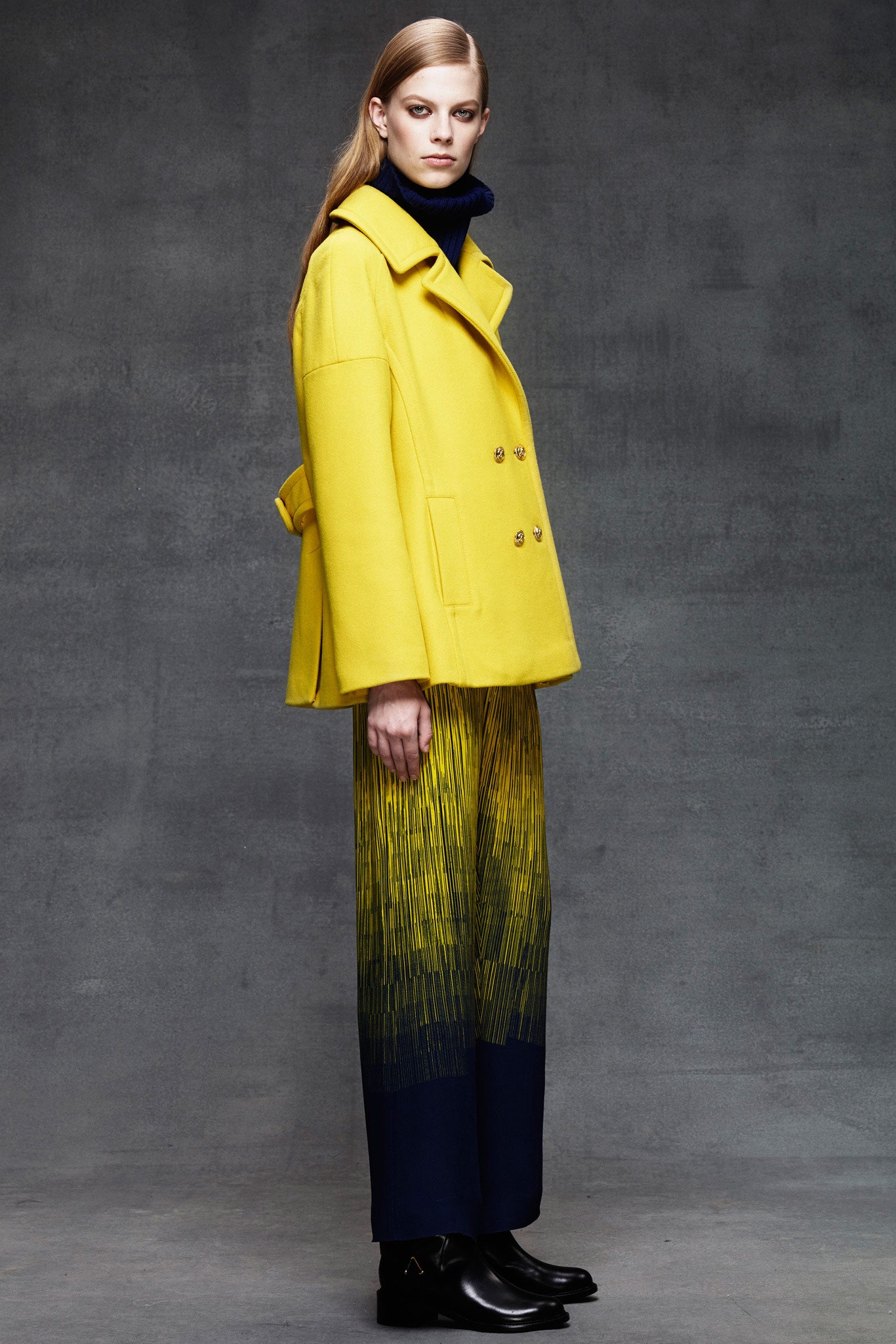 yellow wool long-sleeve collared relaxed buttoned coat