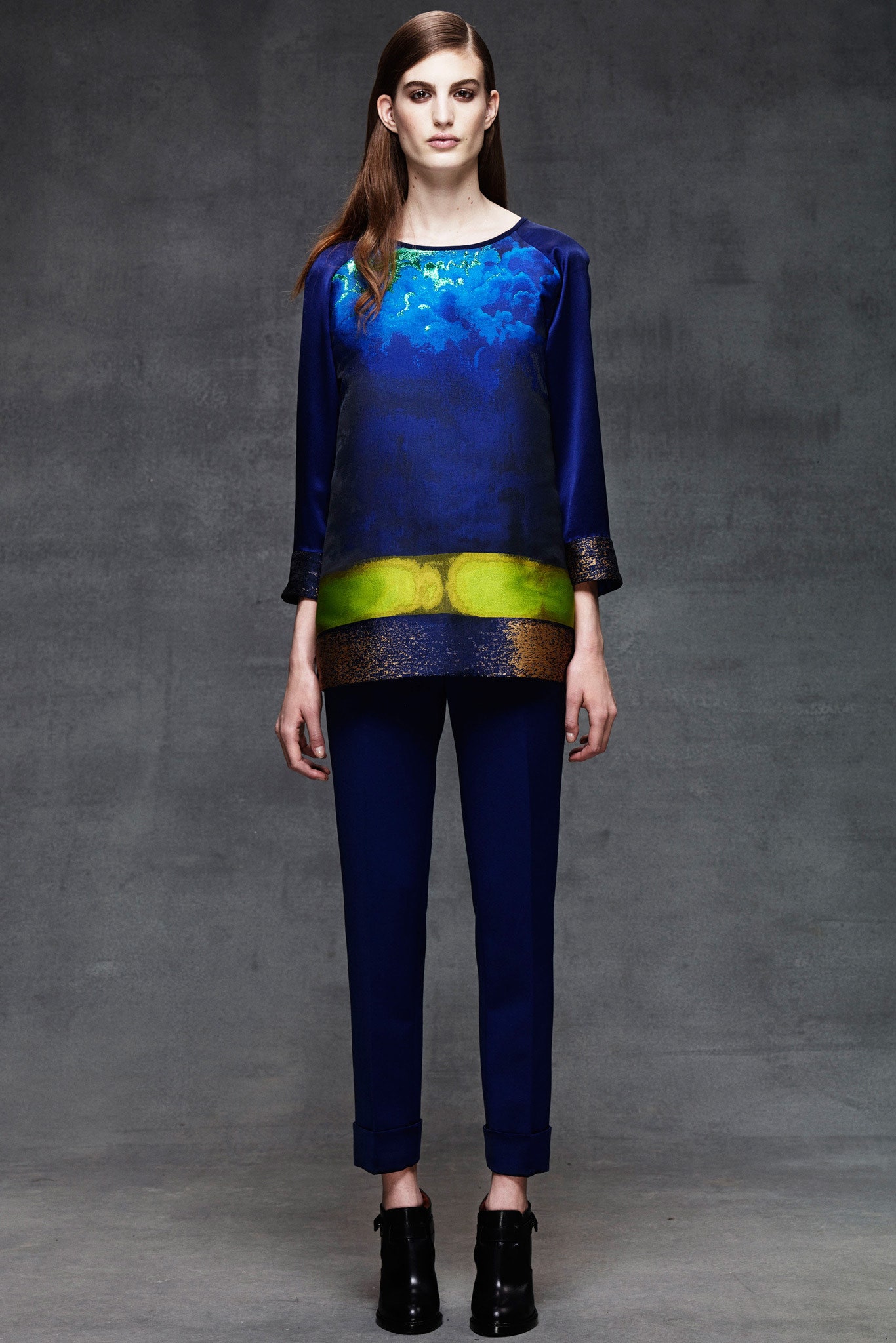 blue printed silk top with tailored pants