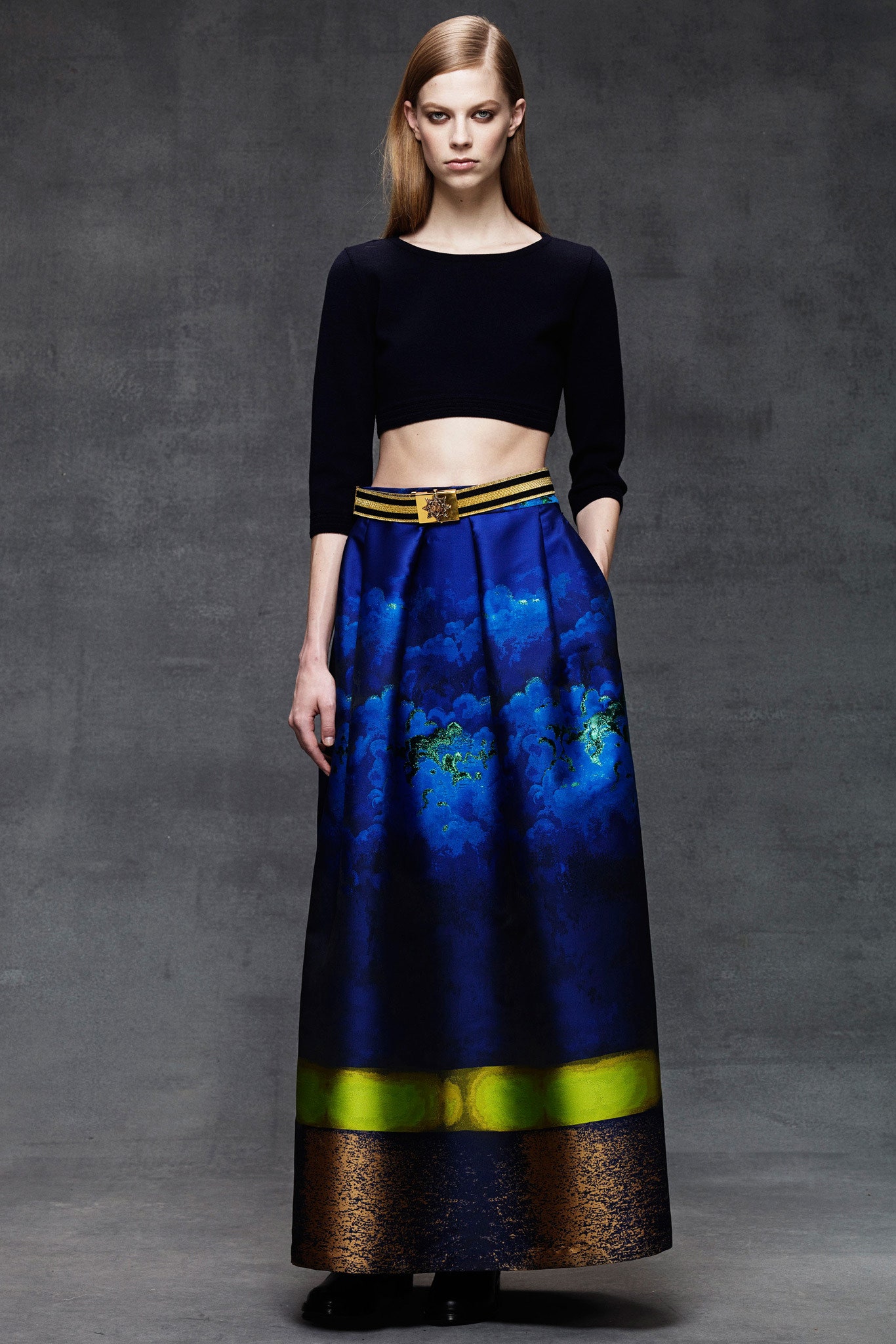 black cropped top with blue maxi skirt