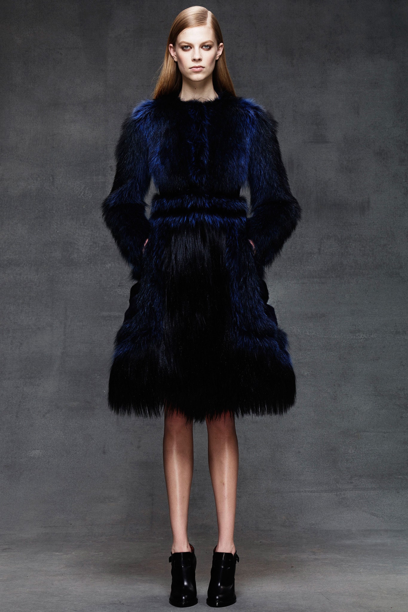 blue black fur belted coat