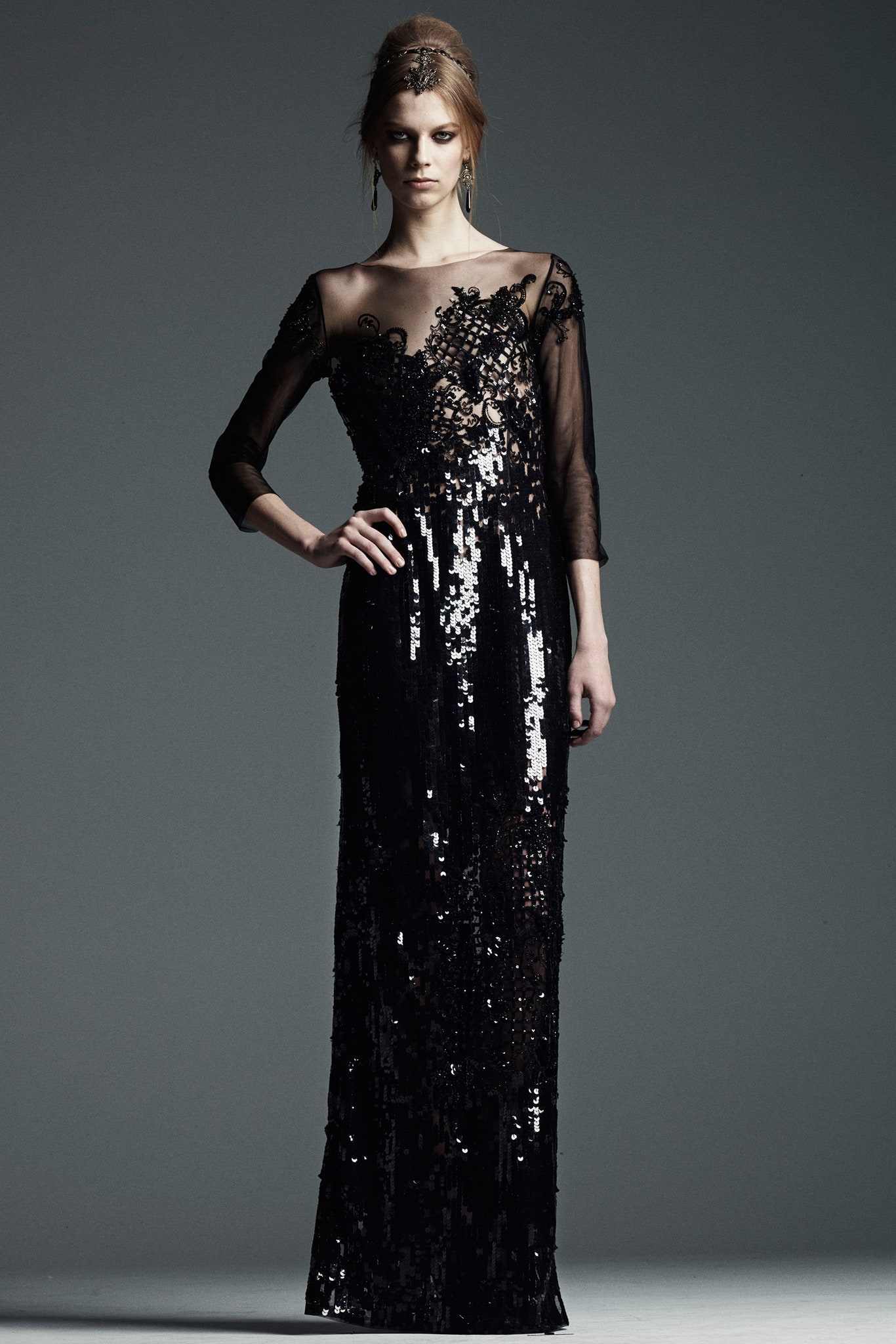 black sequin off-shoulder gown