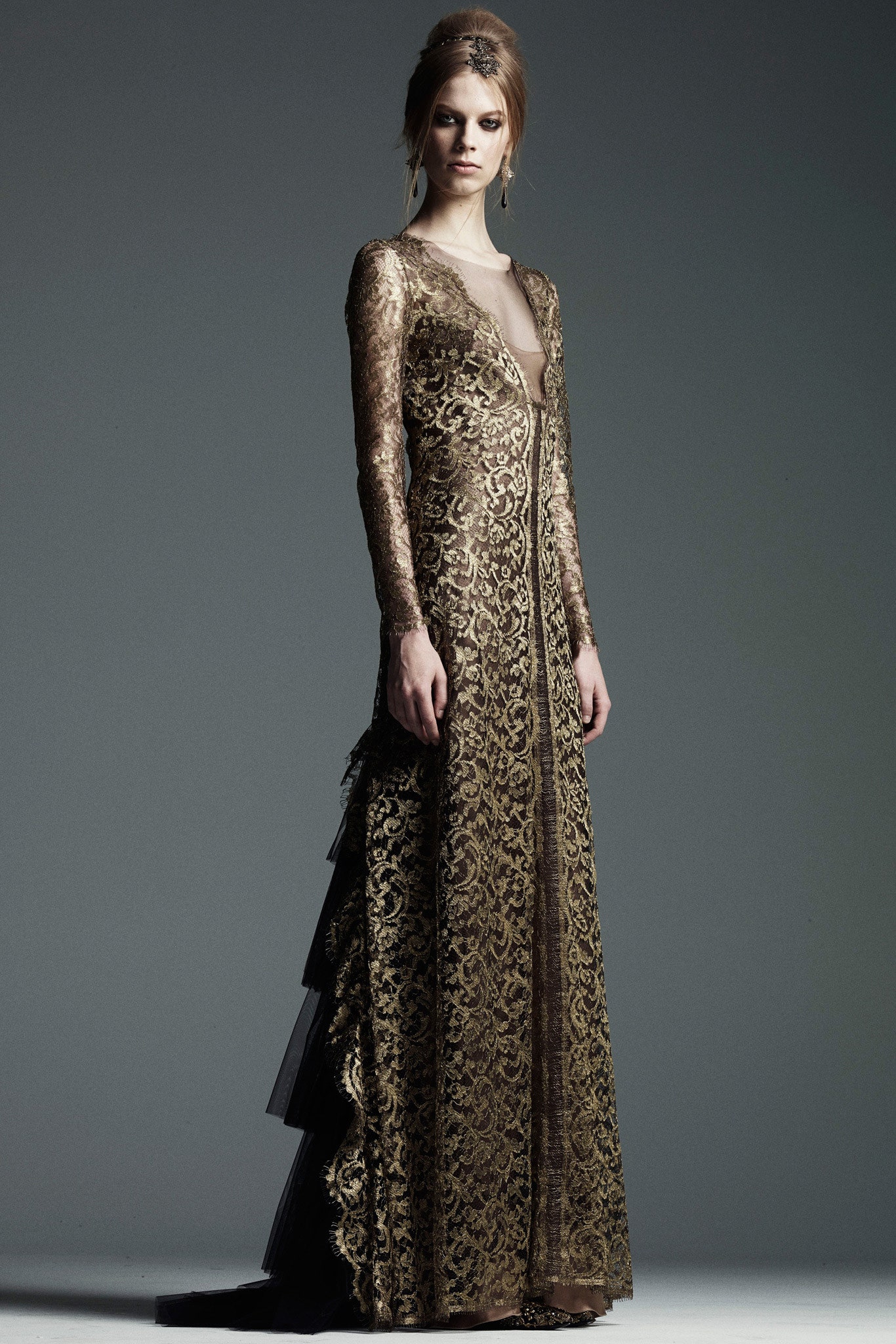 gold lace long-sleeve gown