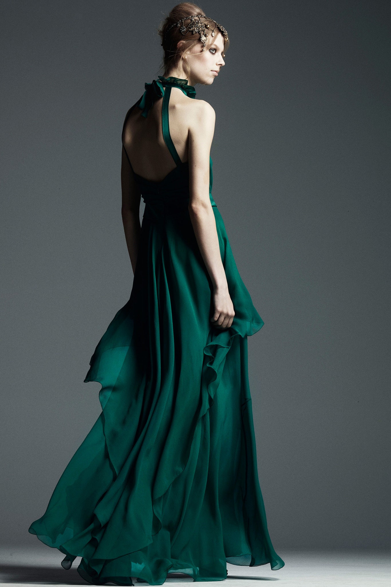 green chiffon backless gown