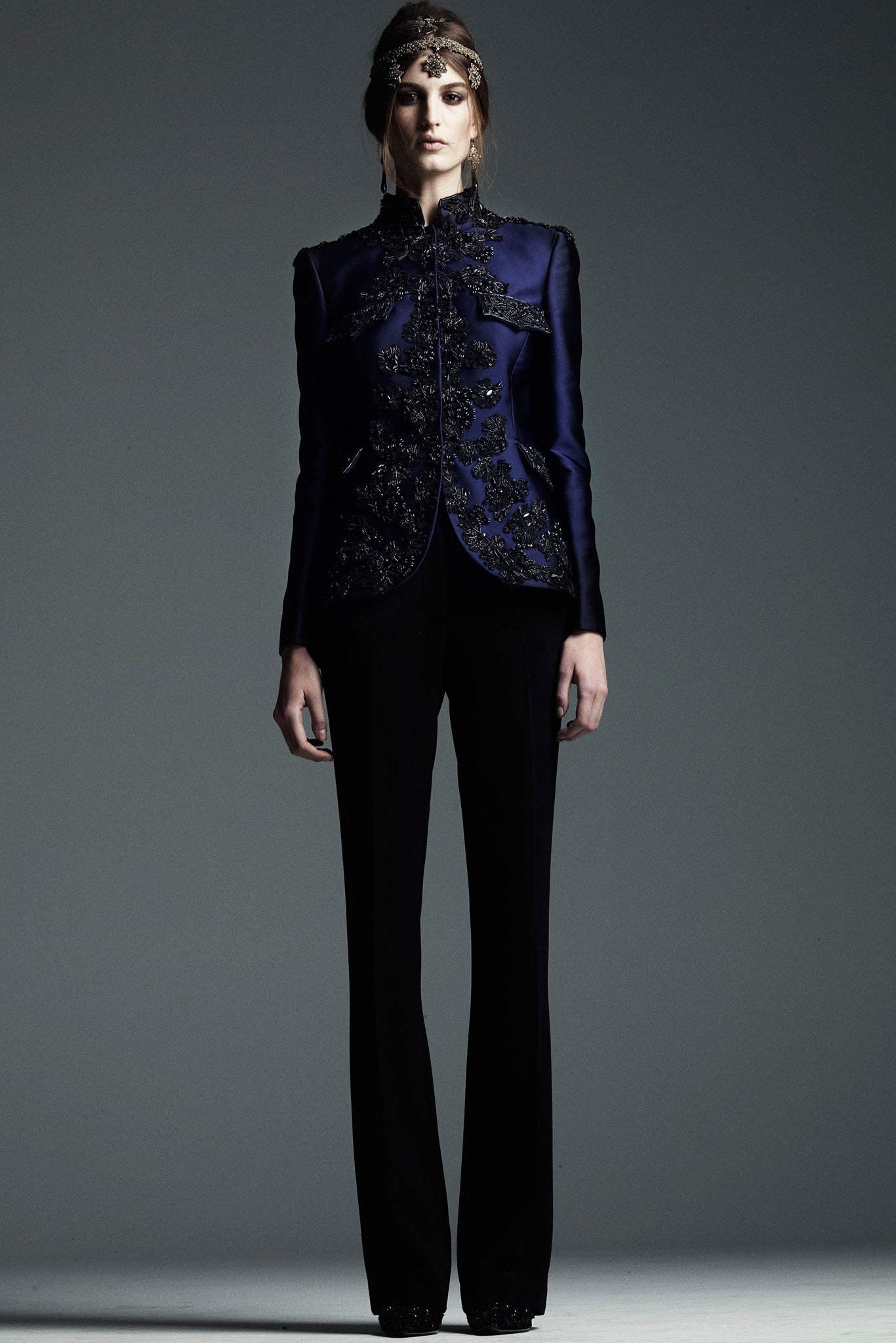 blue silk long-sleeve collared tailored embroidered blazer