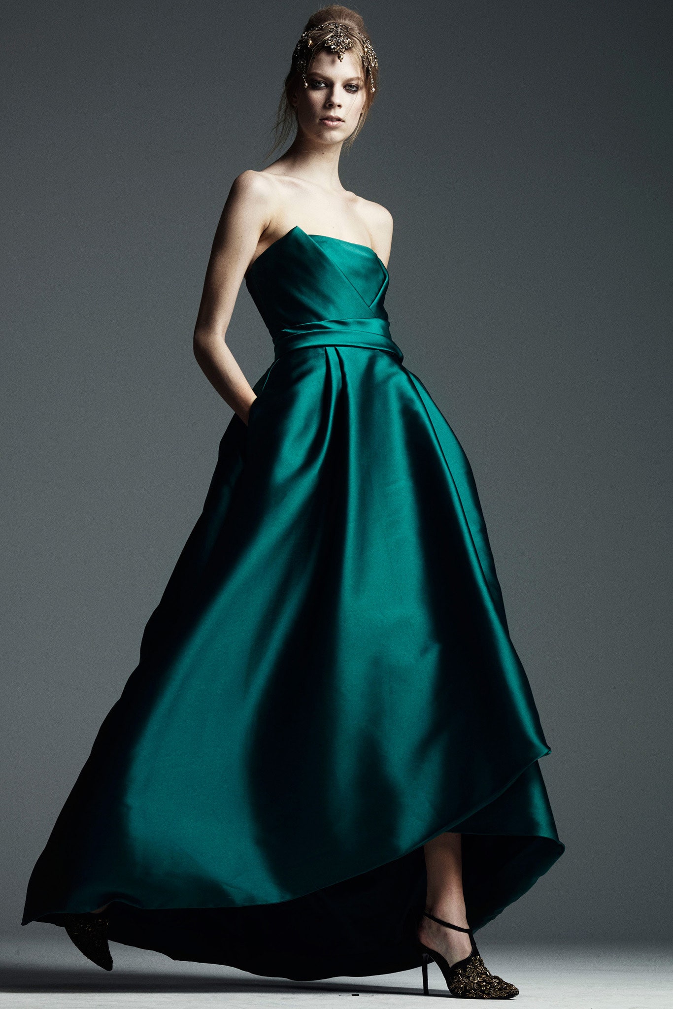 green silk strapless gown