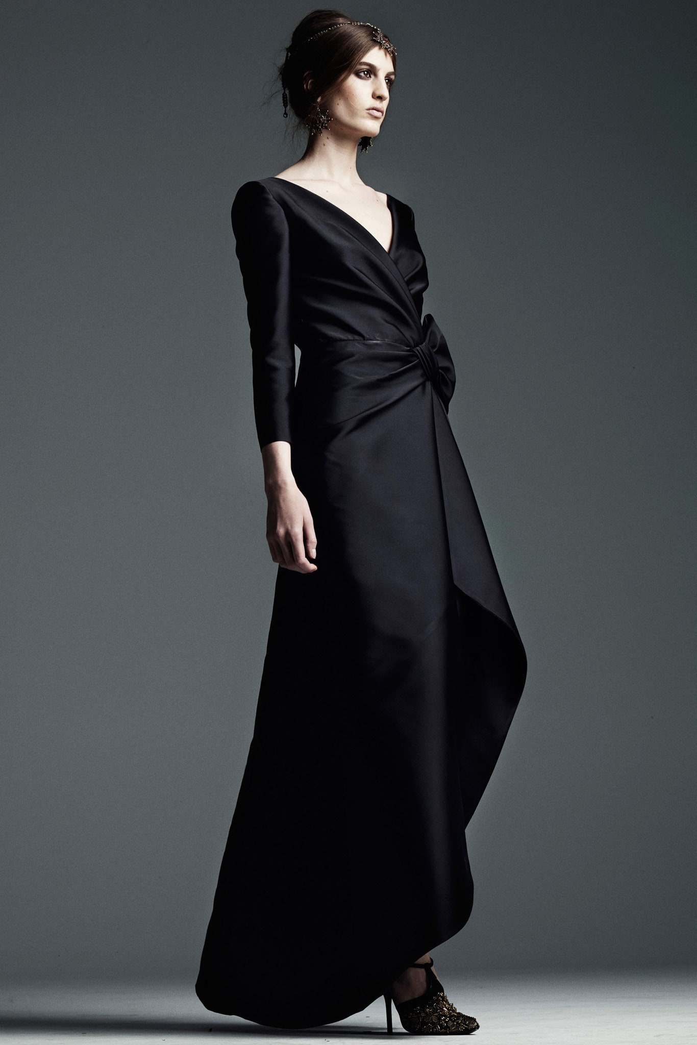 black silk long-sleeve v-neck fitted draped maxi gown