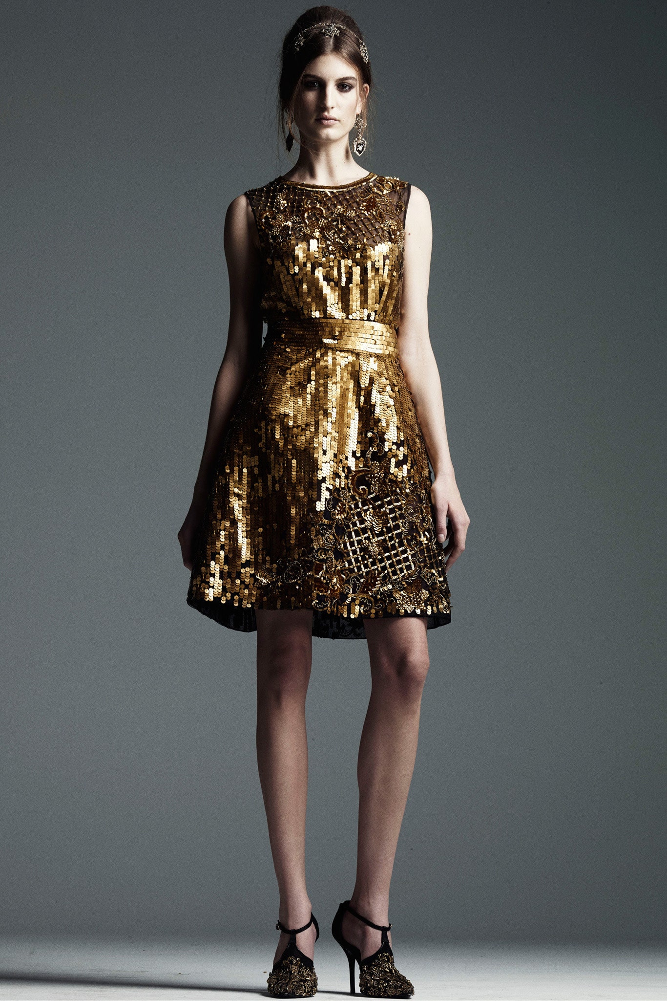 gold sequin sleeveless collared fitted pleated belted dress