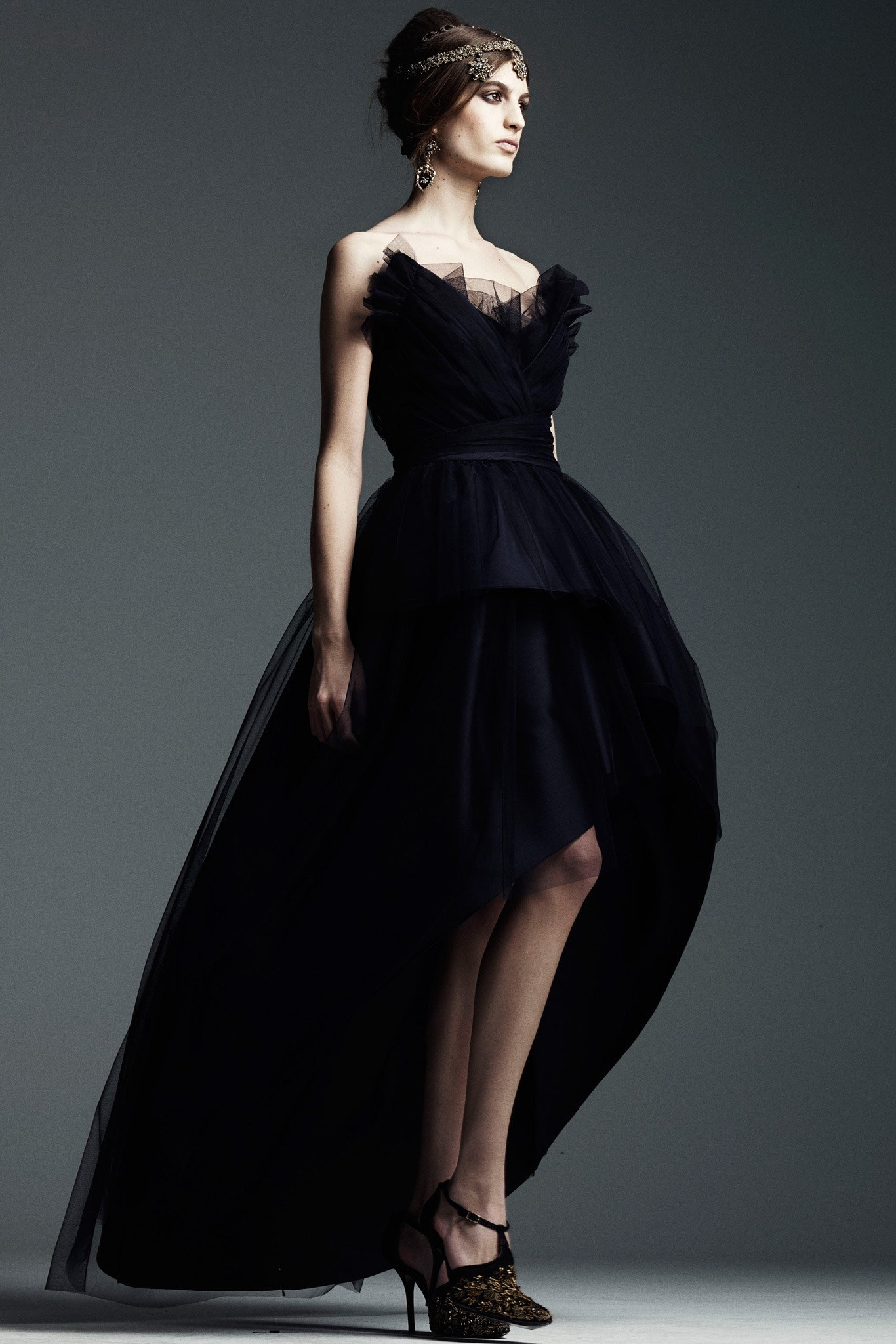 black tulle strapless gown