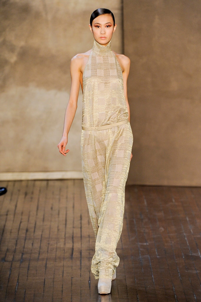 gold silk fitted jumpsuit
