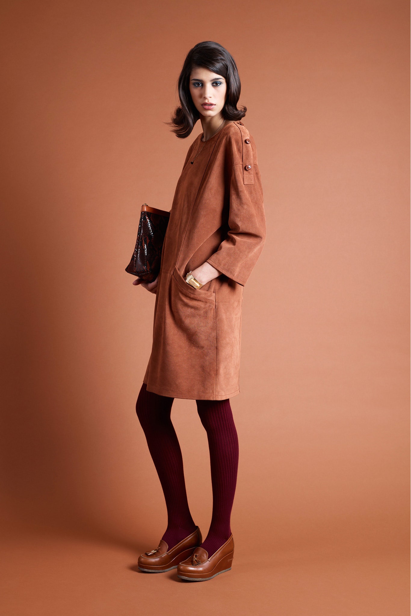 brown suede long-sleeve collared relaxed pockets midi dress