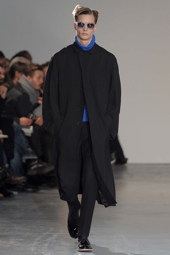 black oversized coat with blue top