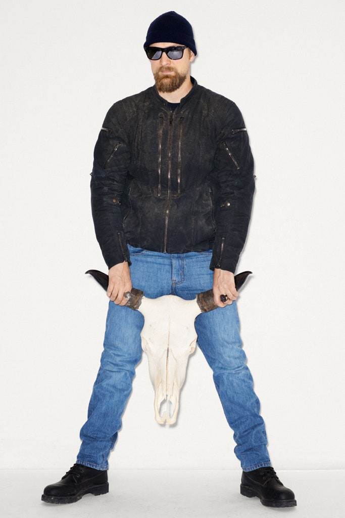 black leather jacket and blue jeans