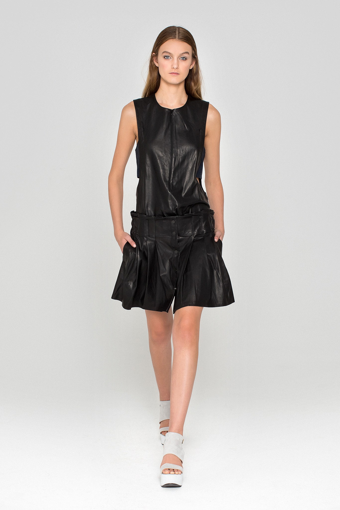 black leather sleeveless dress