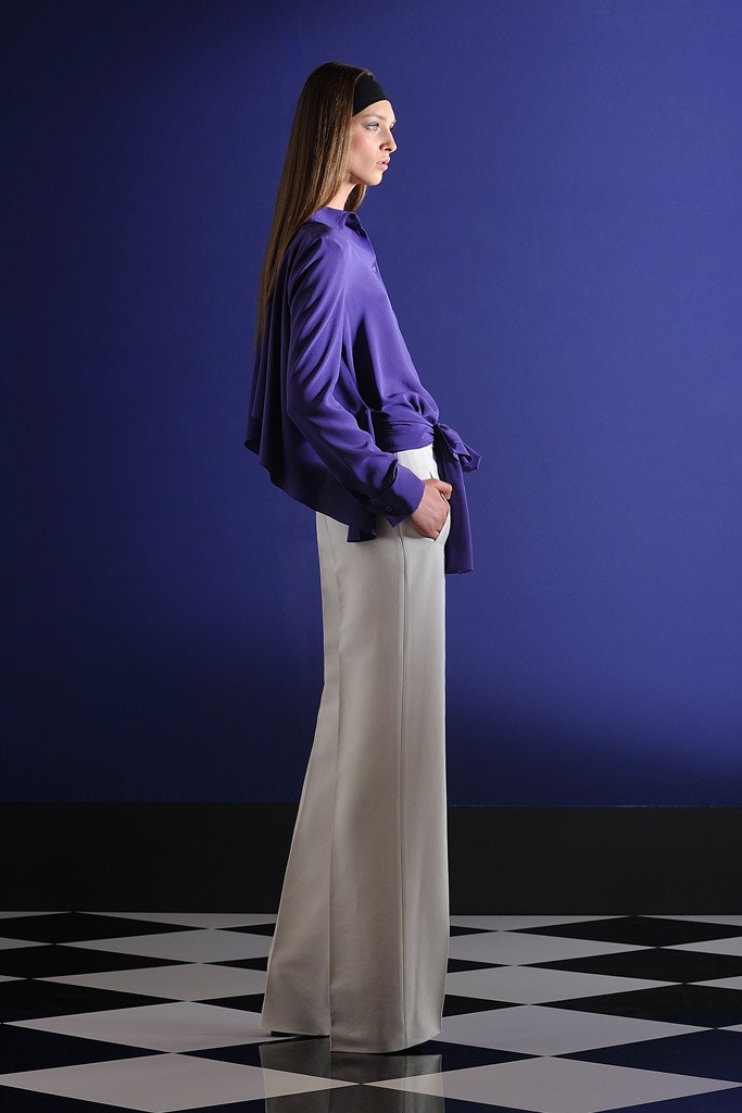 purple silk long-sleeve relaxed draped top