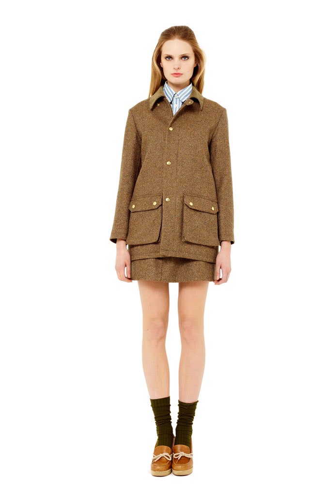 brown tweed jacket and mini skirt