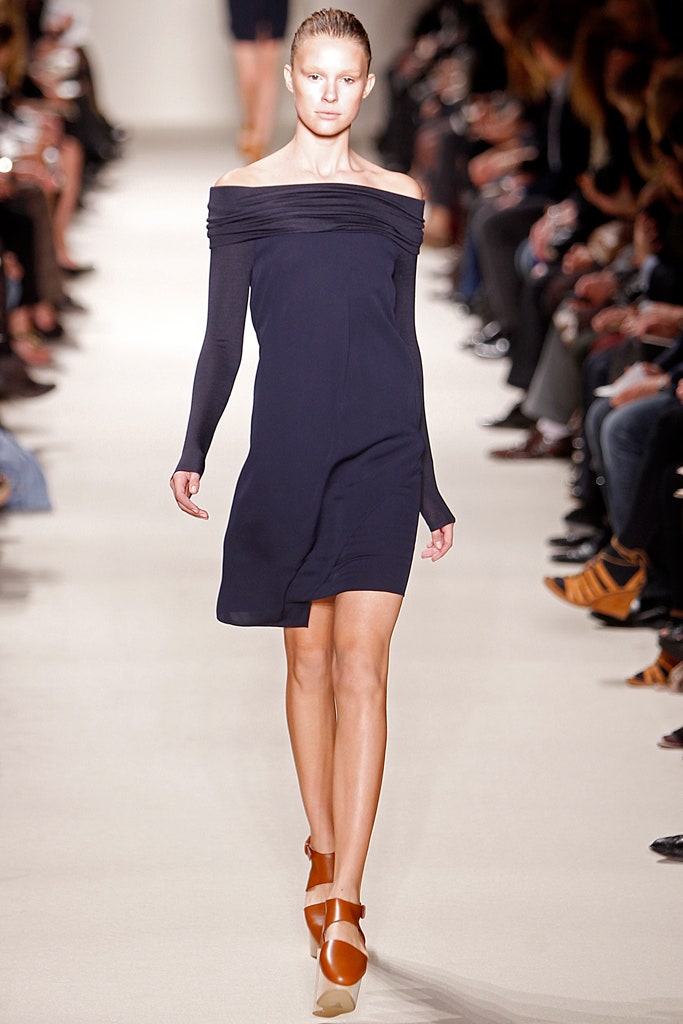 navy silk off-shoulder dress