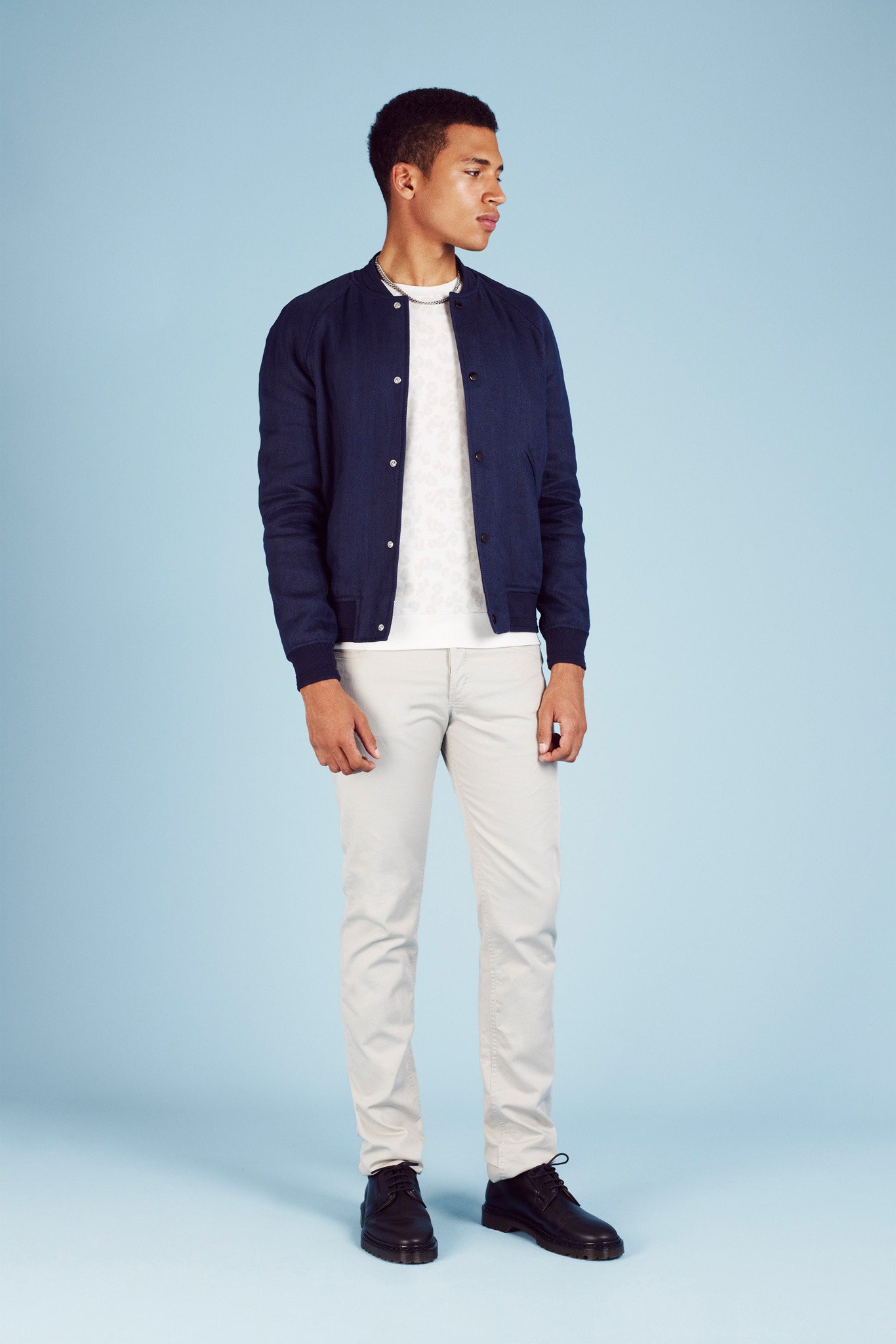 blue jacket with white t-shirt