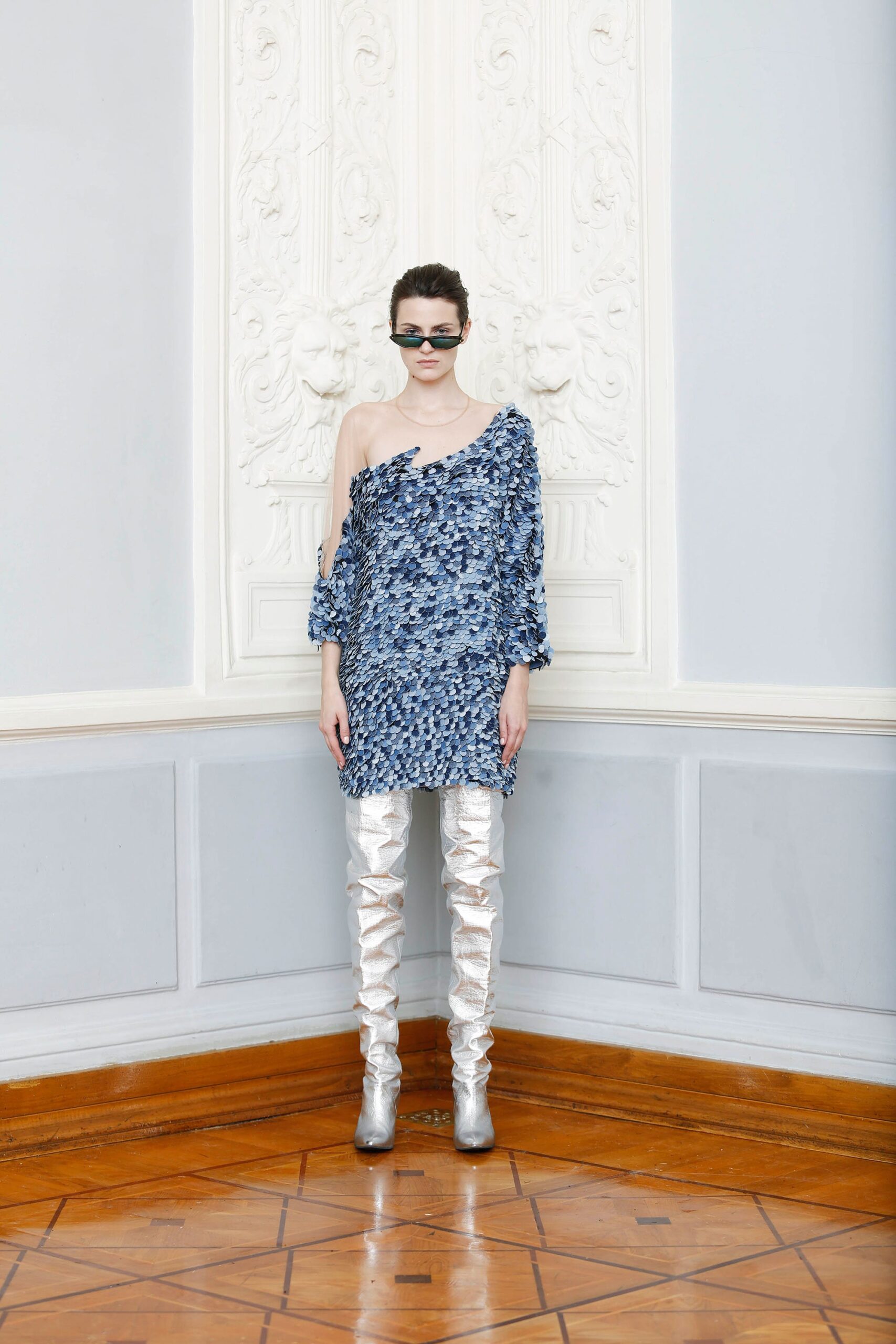 blue metallic off-shoulder dress