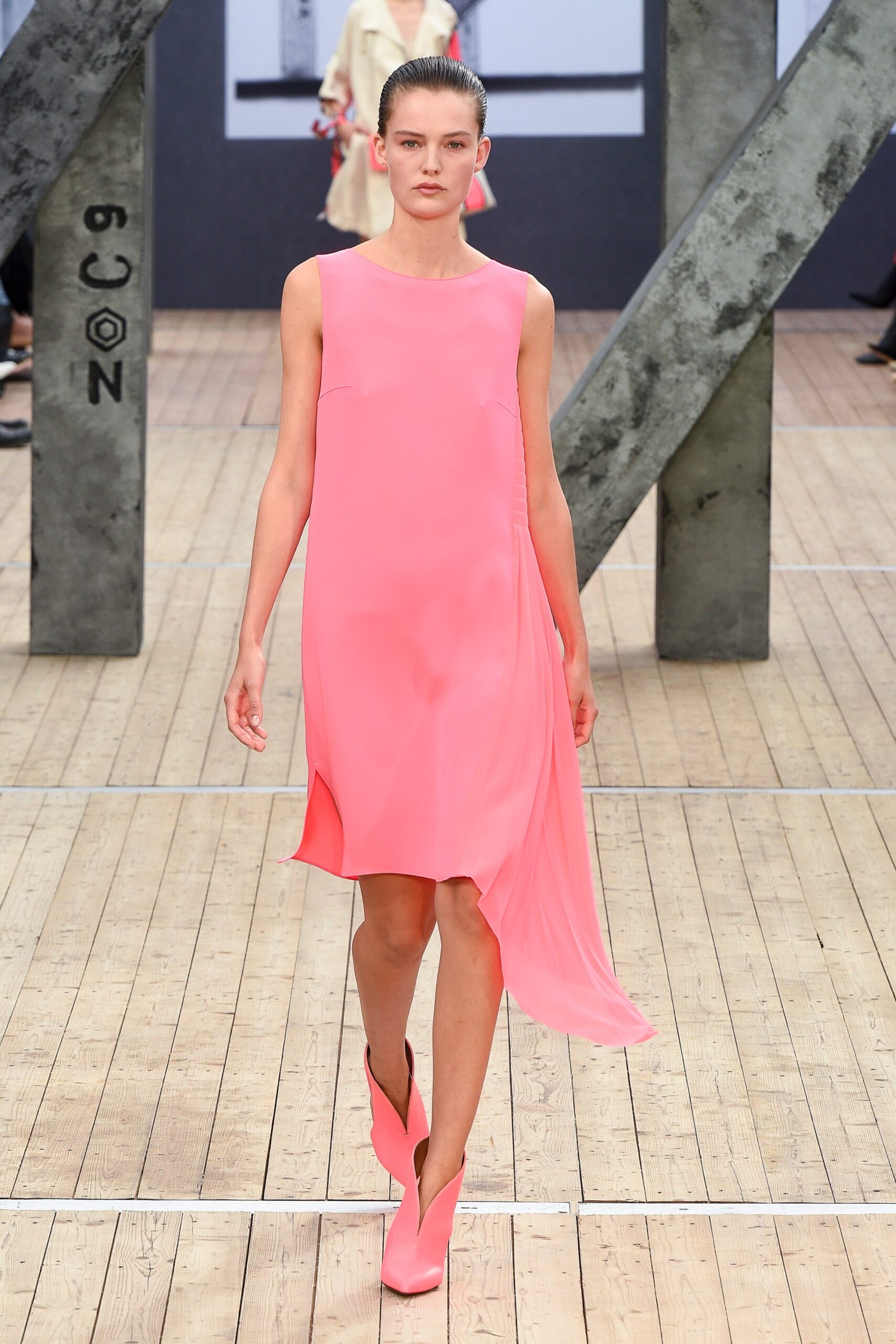 pink silk sleeveless high-neck fitted flowing midi dress
