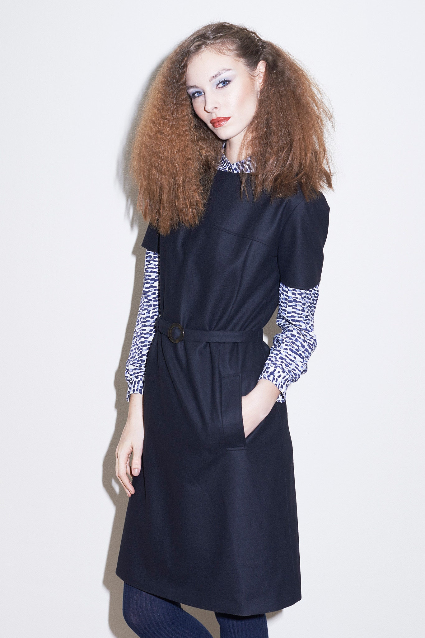 black cotton short-sleeve collared fitted belted pockets dress