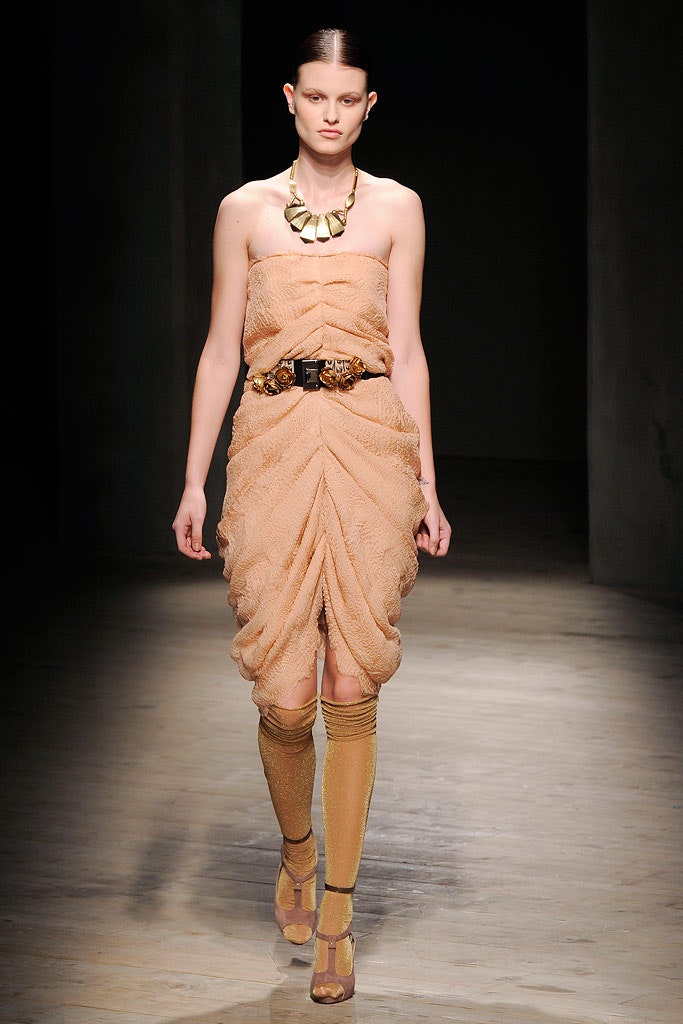 beige strapless ruched dress