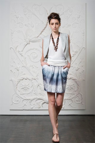 white fitted top with blue skirt