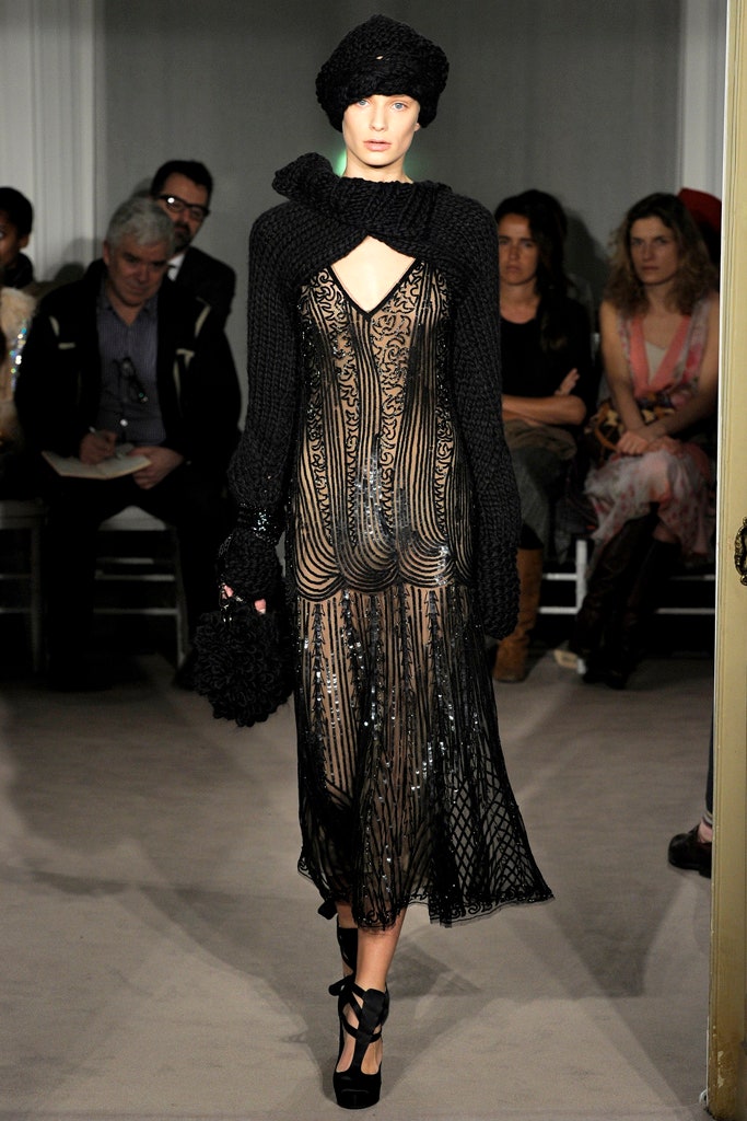 black sheer embellished midi dress with knit hat