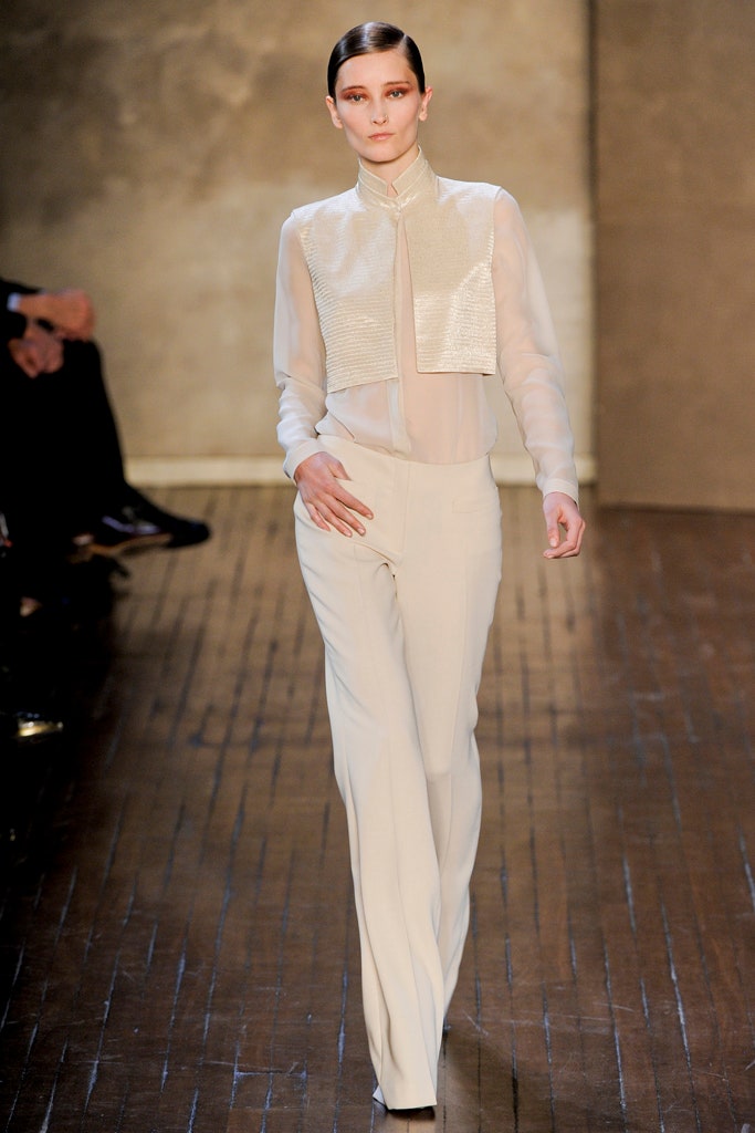 white silk long-sleeve collared fitted zippered sheer blouse