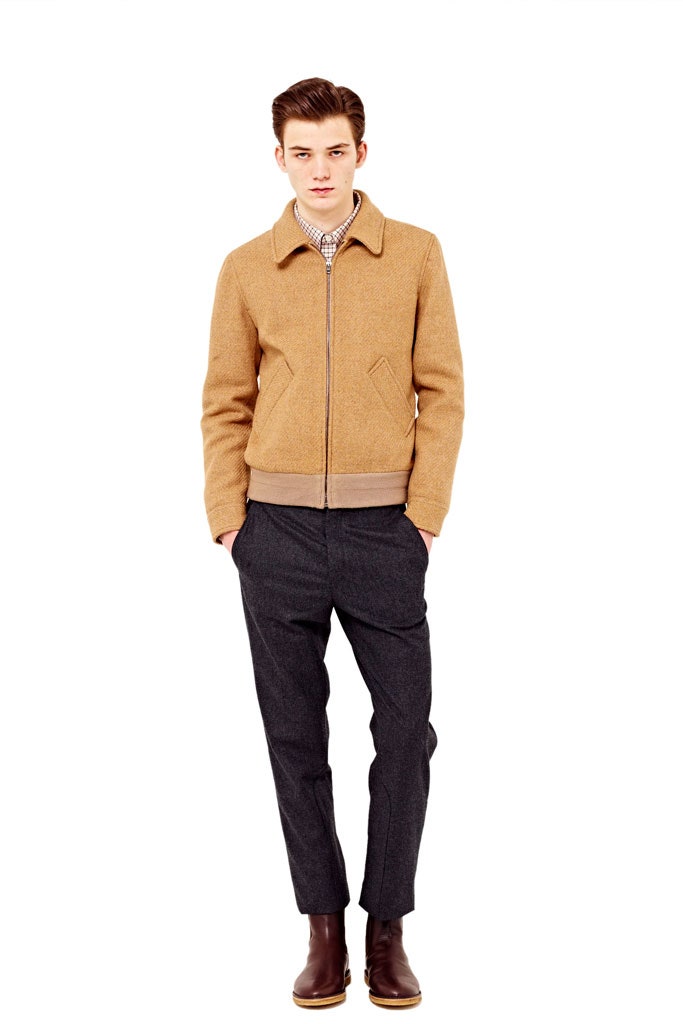 brown wool long-sleeve collared fitted zippered jacket