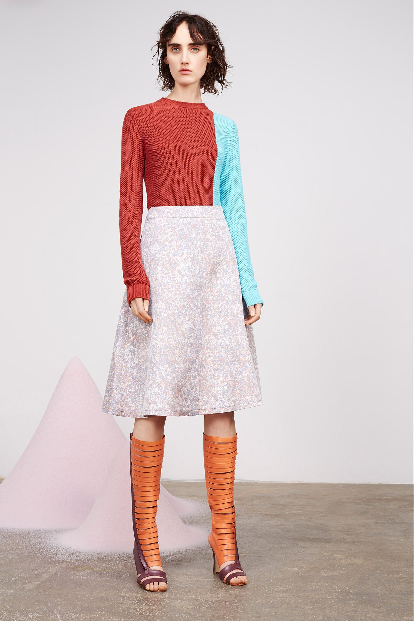color-blocked midi dress with boots