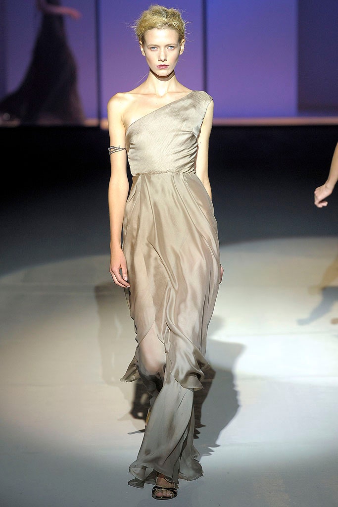beige silk one-shoulder gown