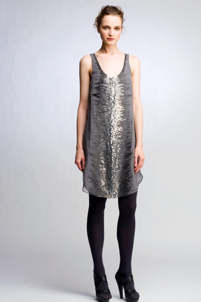 gray silk sleeveless dress