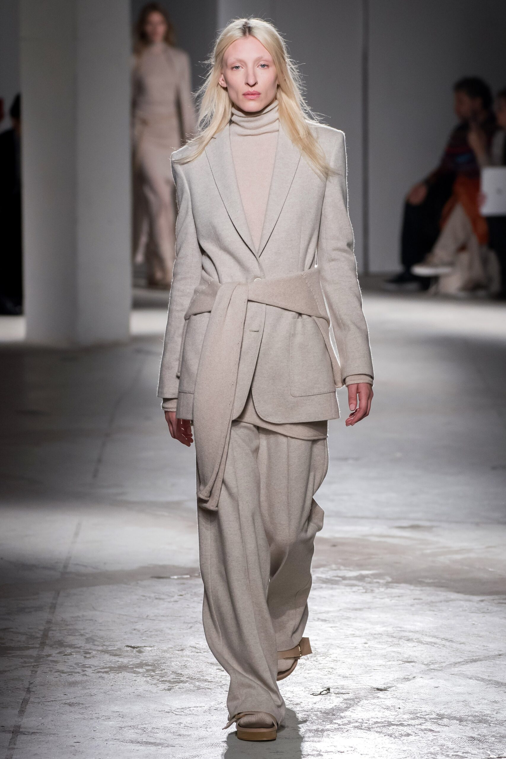 beige wool long-sleeve collared tailored belted suit