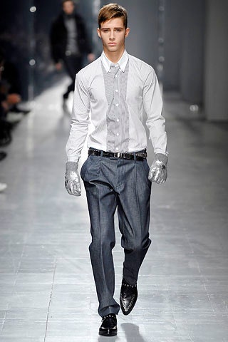 fitted gray shirt and tailored pants