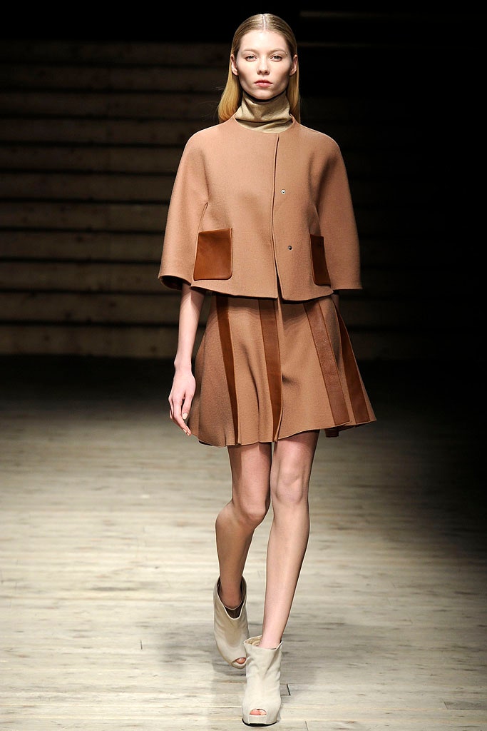 brown wool fitted jacket and skirt