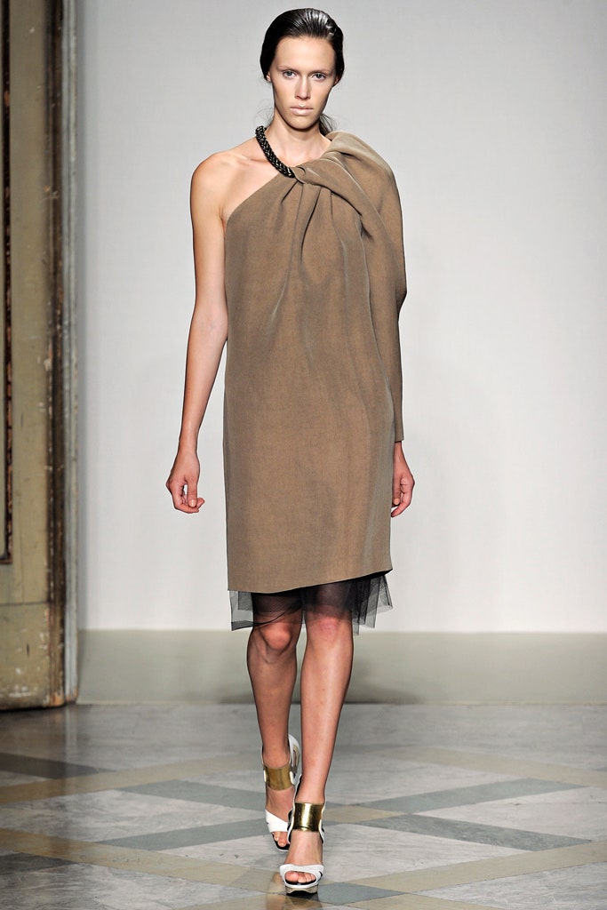 brown silk relaxed asymmetric dress
