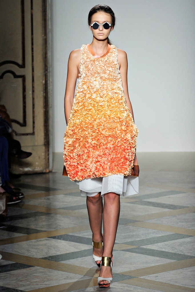 orange and white ruffled dress