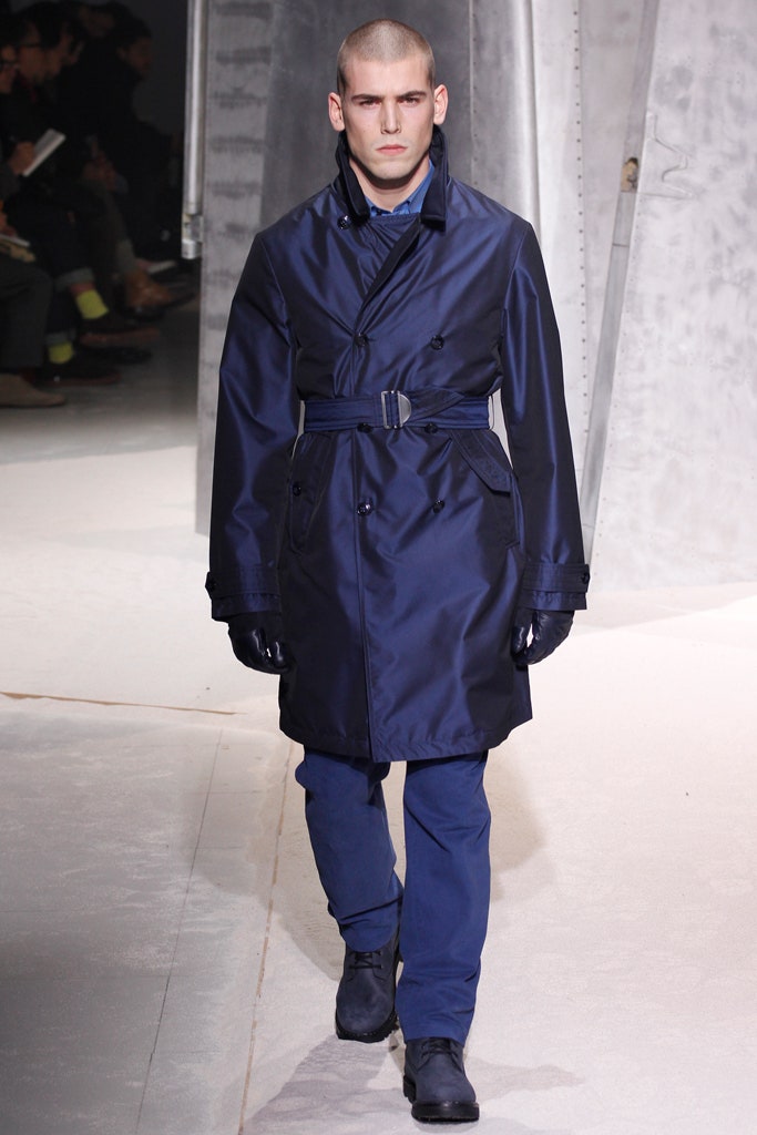 blue vinyl long-sleeve collared structured belted trench