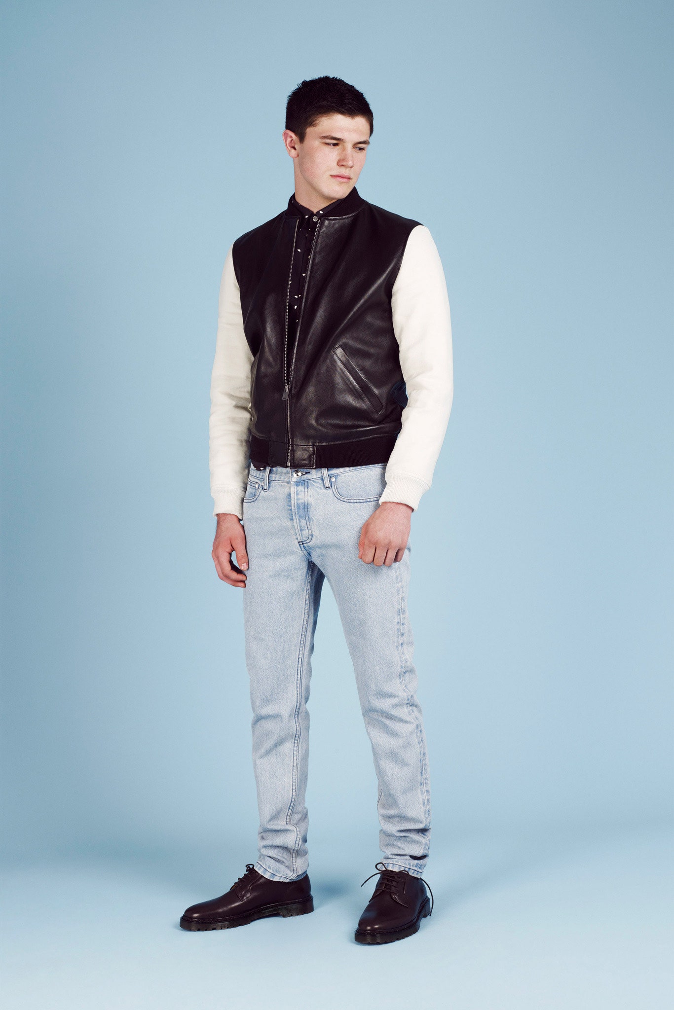 black and white leather jacket with jeans
